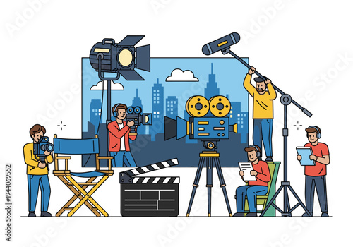 Filmmaking crew on set with cameras, lights, and boom mic capturing a scene