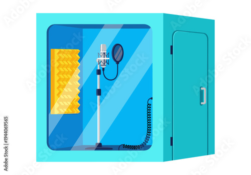 Modern recording booth with professional microphone and soundproofing foam for audio production