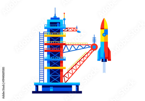 Colorful rocket on launchpad with intricate tower structure and bright blue sky background