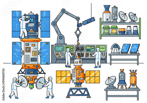 Spacecraft assembly and testing in a cleanroom with robotic arms and technicians