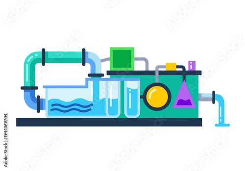 Abstract illustration of a water treatment plant with pipes, tanks, and filters