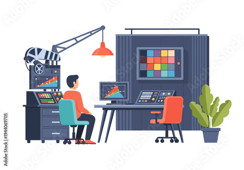 Colorist working at a grading console with monitors displaying graphs and color palettes