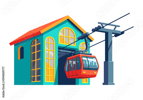 Modern cable car station with a red gondola arriving at the building