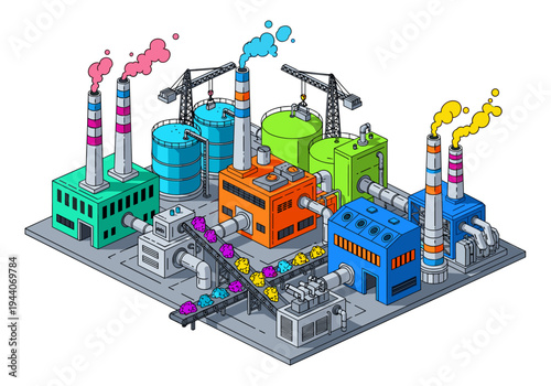 Colorful isometric factory complex with conveyor belts and smokestacks emitting colorful smoke
