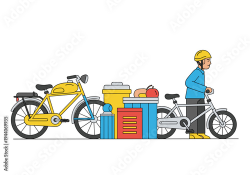 Delivery cyclist with cargo and groceries, ready for transport on a white background