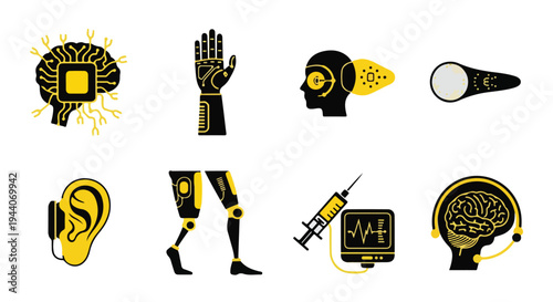 Set of 8 Black and Yellow Bionic Prosthetic and AI Technology Icons Vector