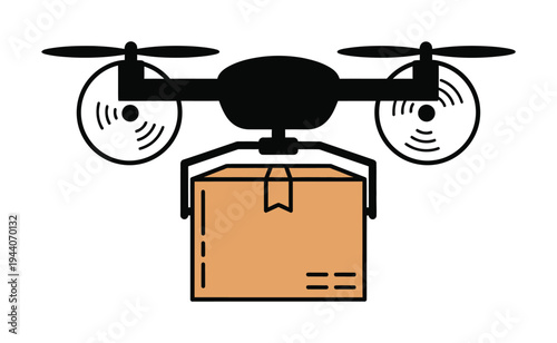 Vector of a quadcopter drone carrying a delivery box suspended beneath it