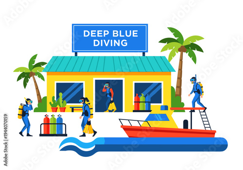 Scuba diving center with divers, boat, and dive shop in a tropical setting