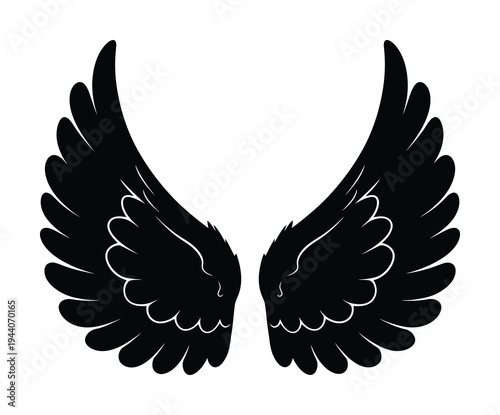 Vector of a pair of black angel wings symmetrically positioned in a white background