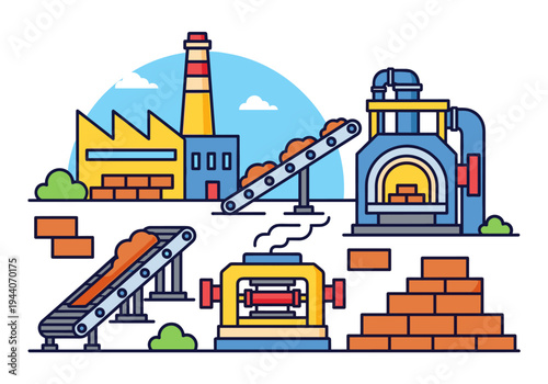 Industrial brick manufacturing process with conveyor belts and kiln illustration