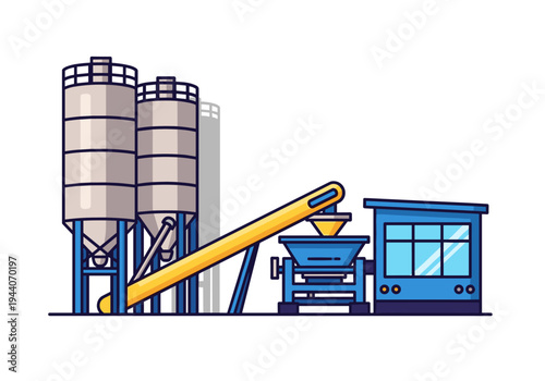 Modern concrete batching plant with silos, conveyor belt, and control room illustration