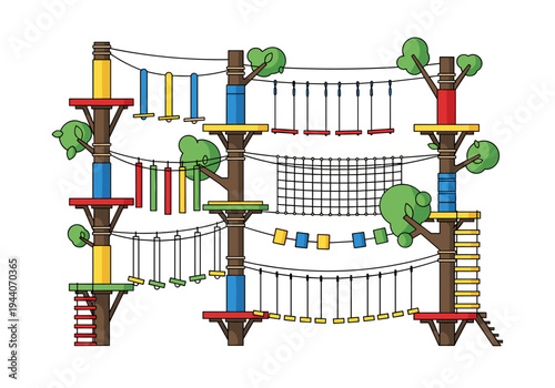 Adventure park with rope bridges, swings, and climbing elements in a stylized flat design