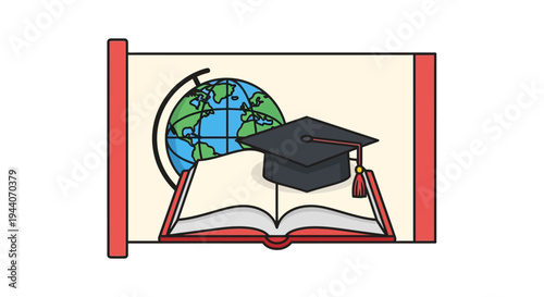 Open Book With Graduation Cap and Globe Symbolizing Education.