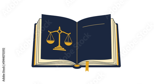 Open Book with Golden Scales of Justice Symbol.