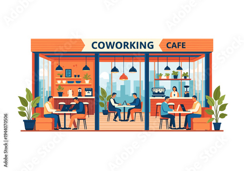 Modern coworking cafe illustration with vibrant colors and engaging atmosphere