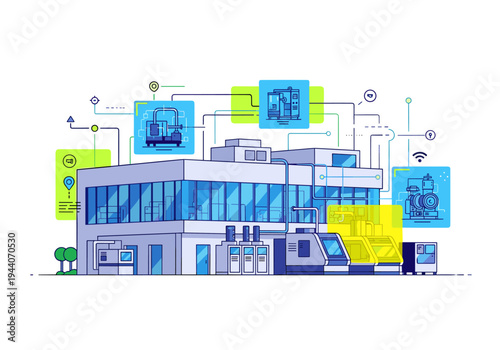 Modern factory building with interconnected smart technology and automated machinery systems