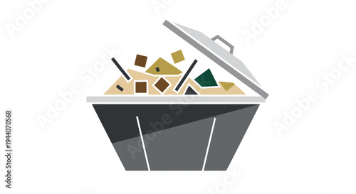 Overflowing trash can with various waste materials inside.