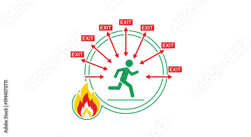 Person running towards multiple exit signs during a fire emergency situation.