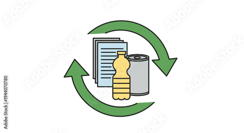 Recycling symbol with paper bottle and can illustration.