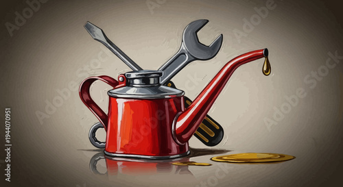 Red Oil Can with Tools and Dripping Oil.