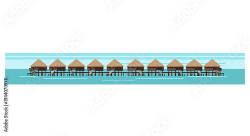 Row of Tropical Bungalows on Stilts Over Turquoise Water.