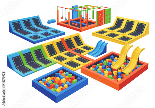 Indoor trampoline park with various attractions including climbing walls and ball pits