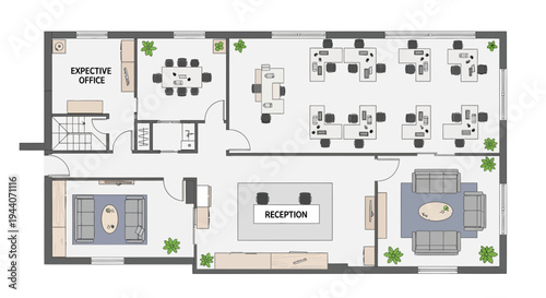 Vector office floor plan with reception, meeting rooms and workspace