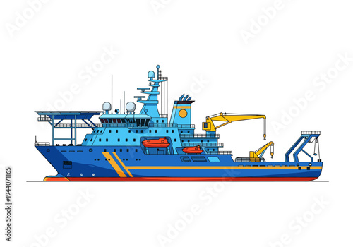 Illustration of a modern research vessel with a helideck and cranes on a white background