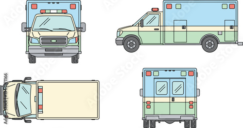 Ambulance emergency vehicle vector illustration with front, side, top and rear views, medical transport van isolated for healthcare rescue design