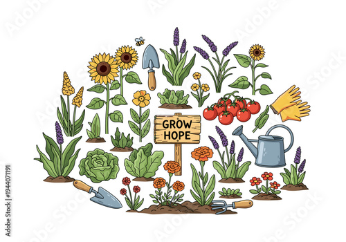 Gardening illustration with sunflowers, tomatoes, lavender, and tools, promoting hope