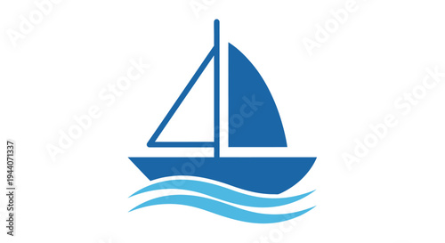 Simple Blue Sailboat Illustration on Wavy Water.
