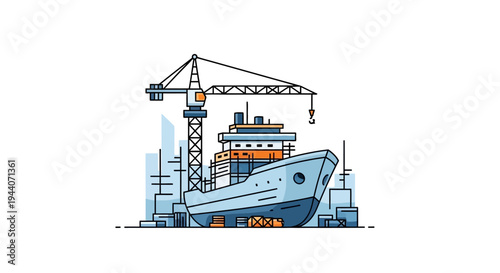 Ship Under Construction at a Dry Dock with Crane.