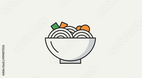 Simple illustration of a bowl of noodles with vegetables.