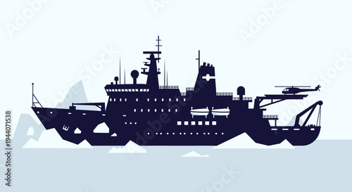 Silhouette of a modern research vessel with helicopter on deck.