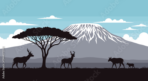 Silhouette of African animals in savanna landscape with acacia tree and mountain.
