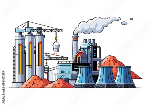 Industrial factory with cooling towers, cranes, and smoking chimneys, representing manufacturing and production