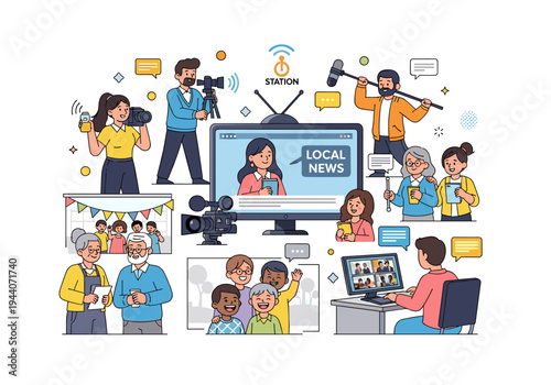 Diverse group of people creating and consuming local news content across various media platforms