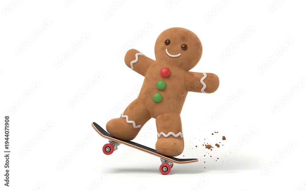 Obraz premium Gingerbread man skateboarding with colorful buttons on white