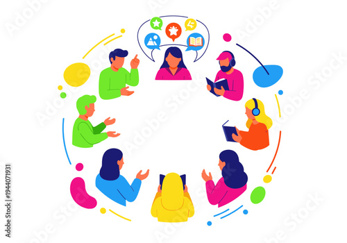 Diverse group of people engaged in discussion and learning around a central idea