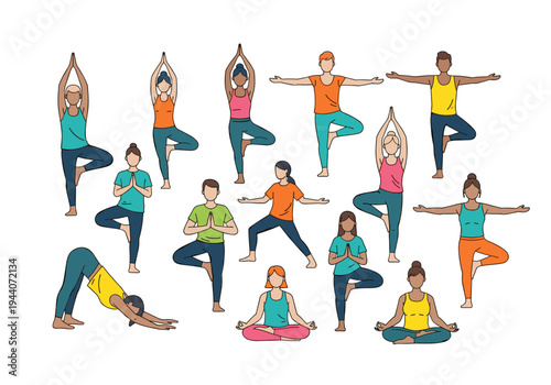 Diverse group of people practicing various yoga poses in a flat illustration style