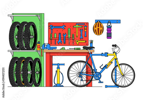 Bicycle repair station with tools, spare tires, and cycling accessories displayed