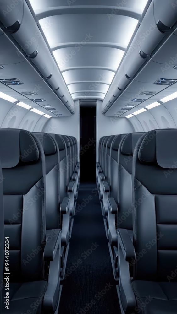 Fototapeta premium Interior view of airplane cabin showing black leather seats, overhead compartments, and flying objects, illustrating a dynamic scene of movement and change in a confined space
