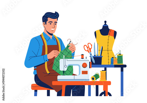 Skilled tailor working on a sewing machine with fabric and thread, surrounded by tailoring tools