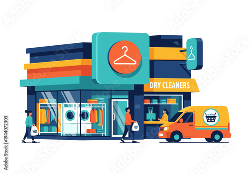 Modern dry cleaners storefront with delivery van and customers bringing laundry bags
