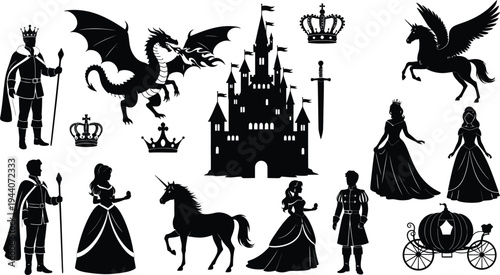 Fairy Tale Fantasy Silhouette Set with Castle, Dragon, Princess, Prince, Unicorn, Crown and Royal Elements Vector Collection