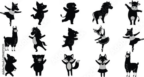 Black and grey silhouette shapes of mammals in motion