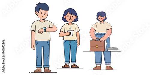 Young professionals waiting, one checking watch, another holding coffee mug with briefcase