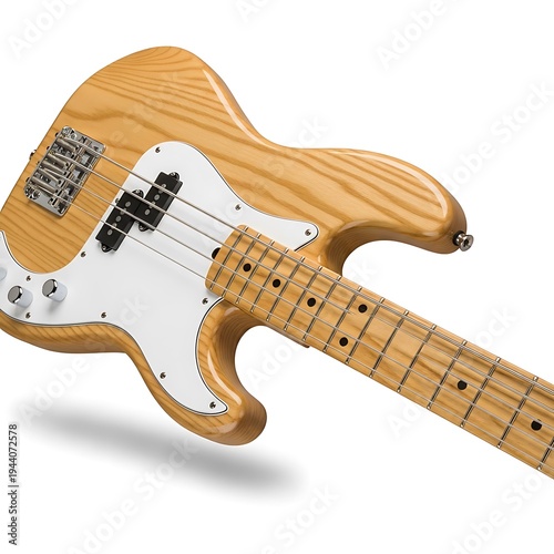 A bass guitar with a light brown neck and body