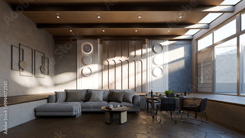 Sunlight streams into a modern living room filled with a sofa, coffee table, and dining area. space has large windows and simple decor, creating a welcoming atmosphere. 3d render