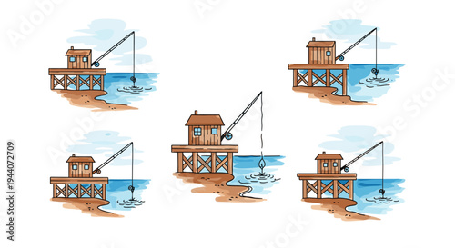 Cartoon fishing hut on stilts over the water with a fishing rod cast out